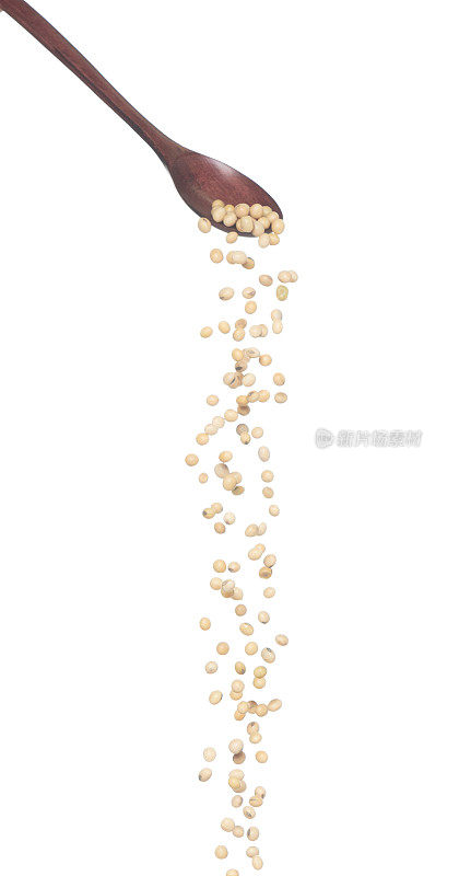 黄豆落，黄粒豆爆，抽象云从木勺飞起。Beautiful complete seed pea soy bean, food object design. 选择性对焦冻结拍摄白色背景隔离